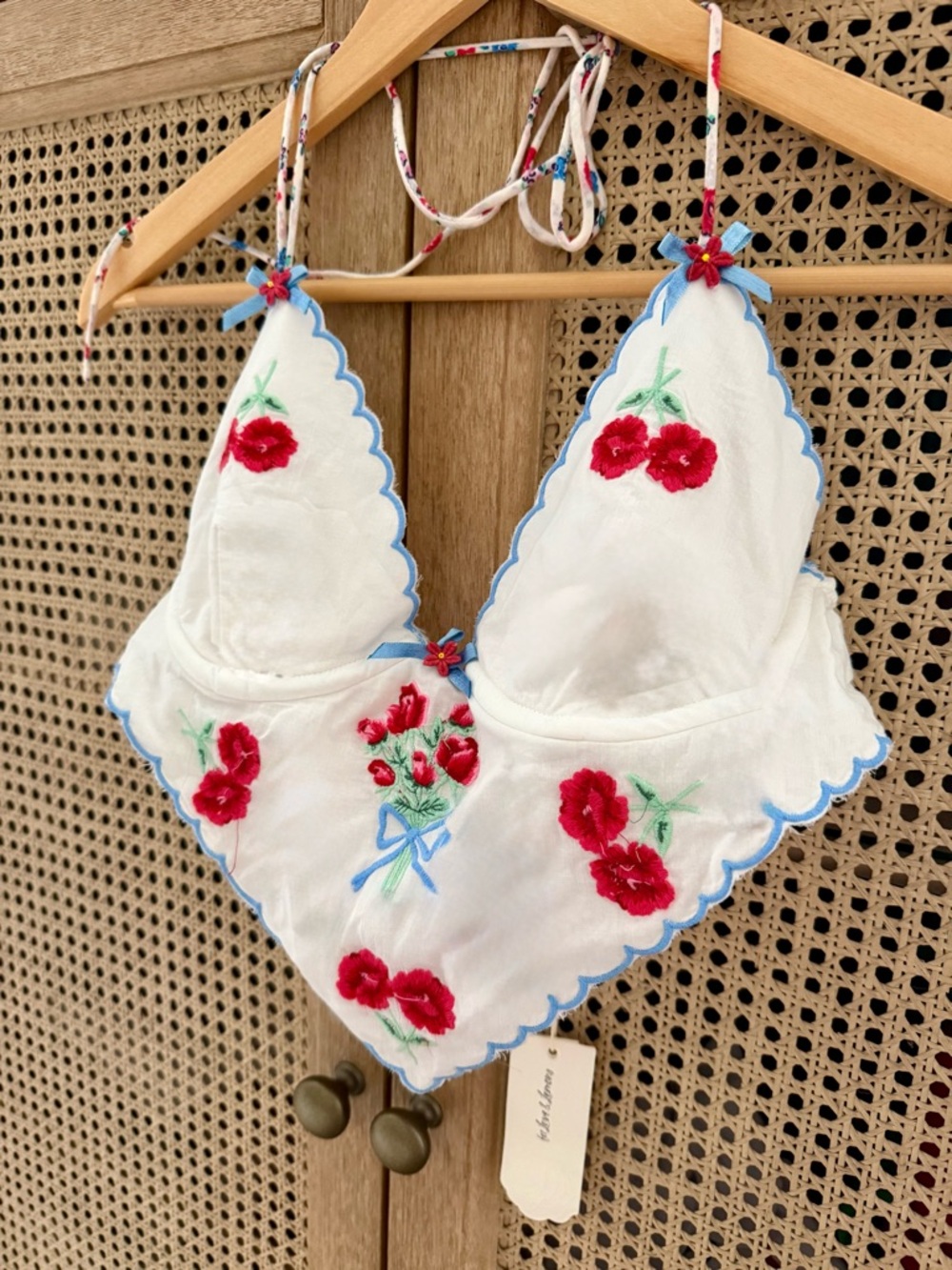 For Love & Lemons White Halter Bralette with Red Floral Embroidery
